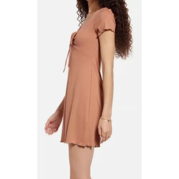BP Tie Front Lettuce Edge Mini Dress, Tan Color Women Size M, Rib Knit Dress - Picture 2 of 13